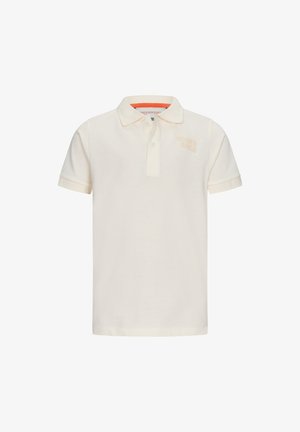 Lichtbeige polo shirt gemaakt van katoen, met een kraag, korte mouwen en een klein wit logo op de borst. Textuurstofafwerking.