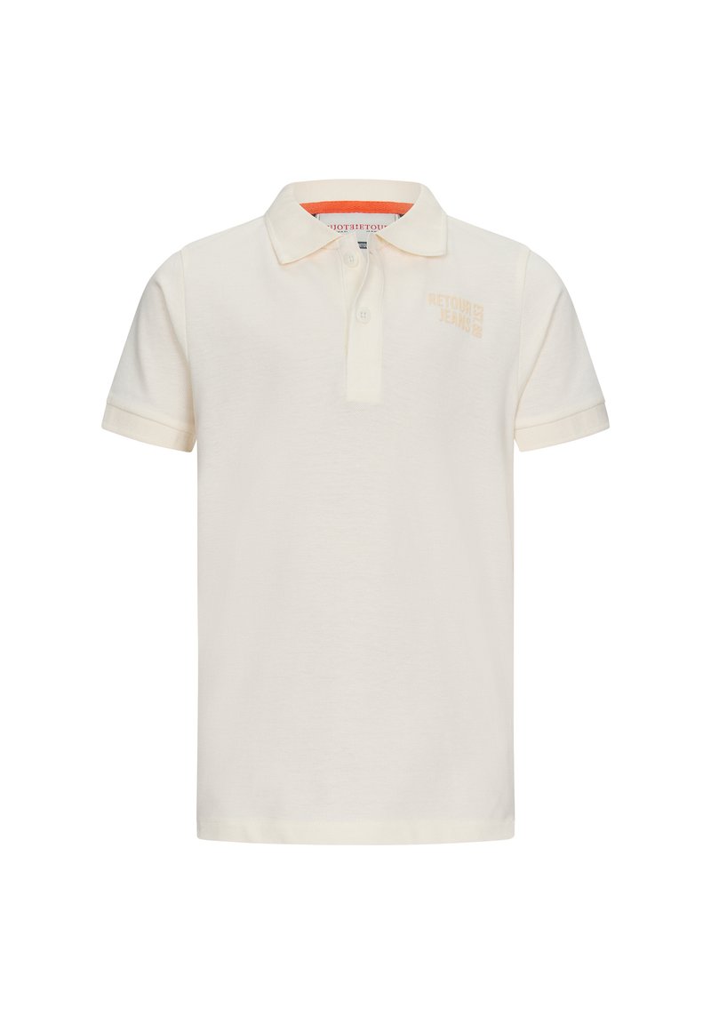Polo shirt beige chiaro in cotone, con colletto, maniche corte e un piccolo logo bianco sul petto. Finitura in tessuto texturizzato.