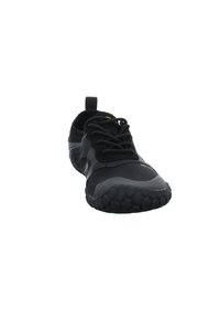 Black athletic shoe with a textured rubber sole, mesh upper, and lace-up design. Features a pull tab at the heel for easy wear.