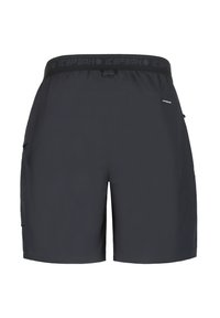 Svarta shorts med en slät textur, elastisk midjeband med logotyp och sidofickor. Enkelt mönster, längd till mitten av låret, lättviktig tyg.