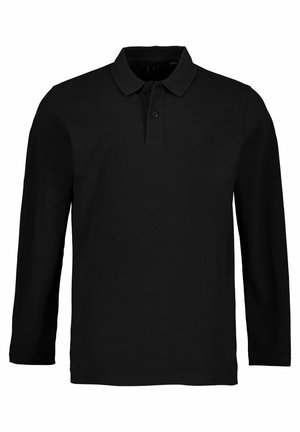 Camisa polo negra de manga larga hecha de algodón. Presenta un collar clásico y una tapeta de tres botones. Textura suave, diseño ajustado.