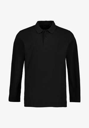 Zwarte polo met lange mouwen, gemaakt van katoen. Voorzien van een klassieke kraag en een drieknopenbromlijn. Soepele textuur, getailleerd ontwerp.