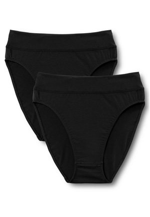 Schwarze Baumwollunterhosen in Form von Slips mit einem hohen Bund, glatter Textur und schlichtem Design. Zwei Paare sind zusammen ausgestellt.