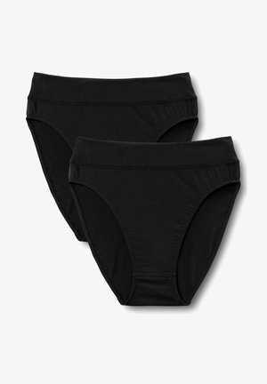 Zwarte katoenen boxershorts met een hoge tailleband, een gladde textuur en een eenvoudig ontwerp. Twee paar worden samen tentoongesteld.