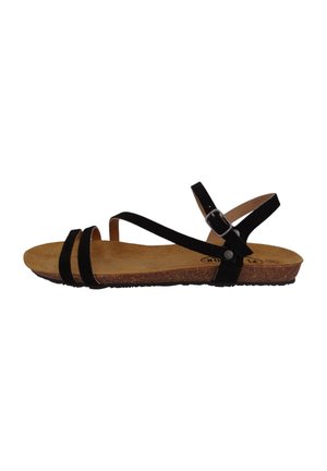 Black suede sandals with two adjustable straps, a cork footbed, and a textured rubber outsole. Features metal hardware on the strap.