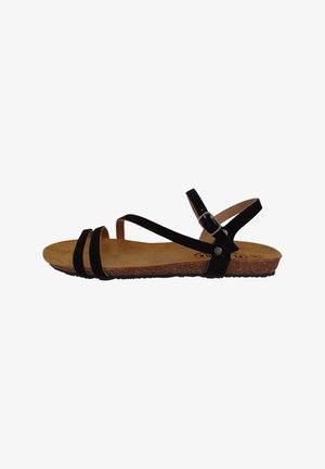 Black suede sandals with two adjustable straps, a cork footbed, and a textured rubber outsole. Features metal hardware on the strap.