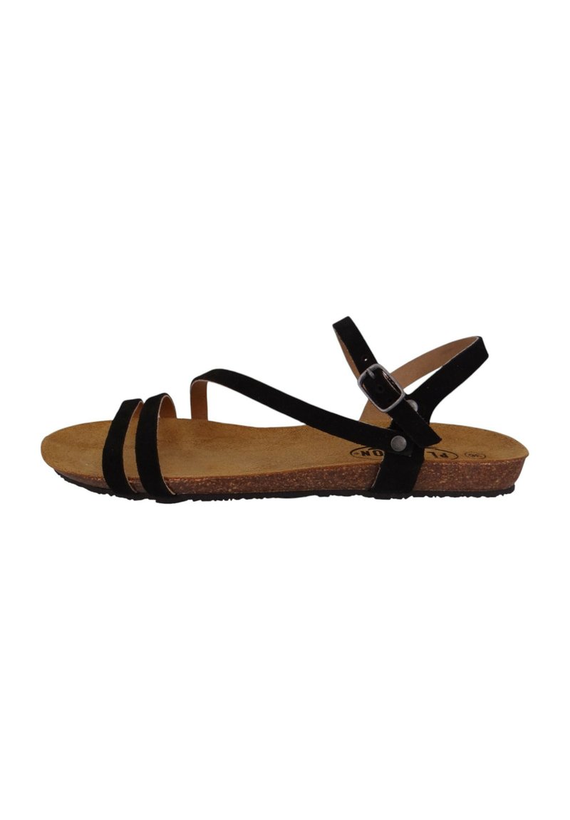 Sandalias de ante negro con dos correas ajustables, una plantilla de corcho y una suela exterior de goma texturizada. Presenta accesorios metálicos en la correa.