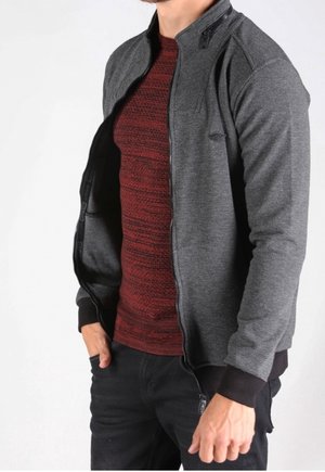 Gray zip-up jacket with a high collar, textured fabric, black ribbed cuffs, worn over a red knit shirt. Close-fitting, casual design.