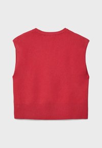 Maglione senza maniche rosso realizzato in tessuto morbido, con scollo rotondo e bordo a costine. Texture liscia senza motivi o dettagli aggiuntivi.
