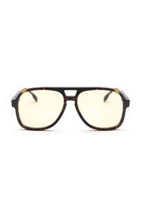 Zonnebril met schildpadmontuur in rechthoekige vorm, lichtgele lenzen en zwarte accenten op het dikke montuur, met hoekige pootjes.