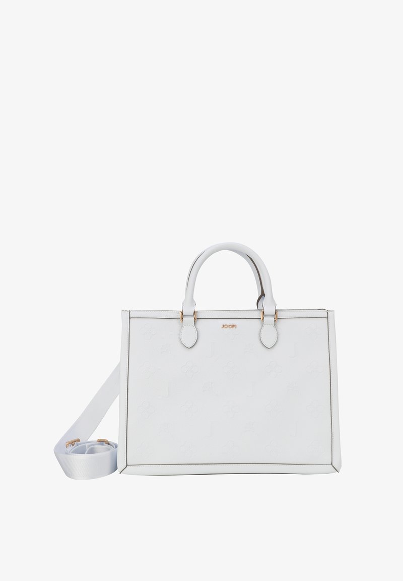 Borsa a mano in pelle bianca con motivo floreale in rilievo, finiture in tonalità oro, manici superiori doppi e tracolla regolabile.