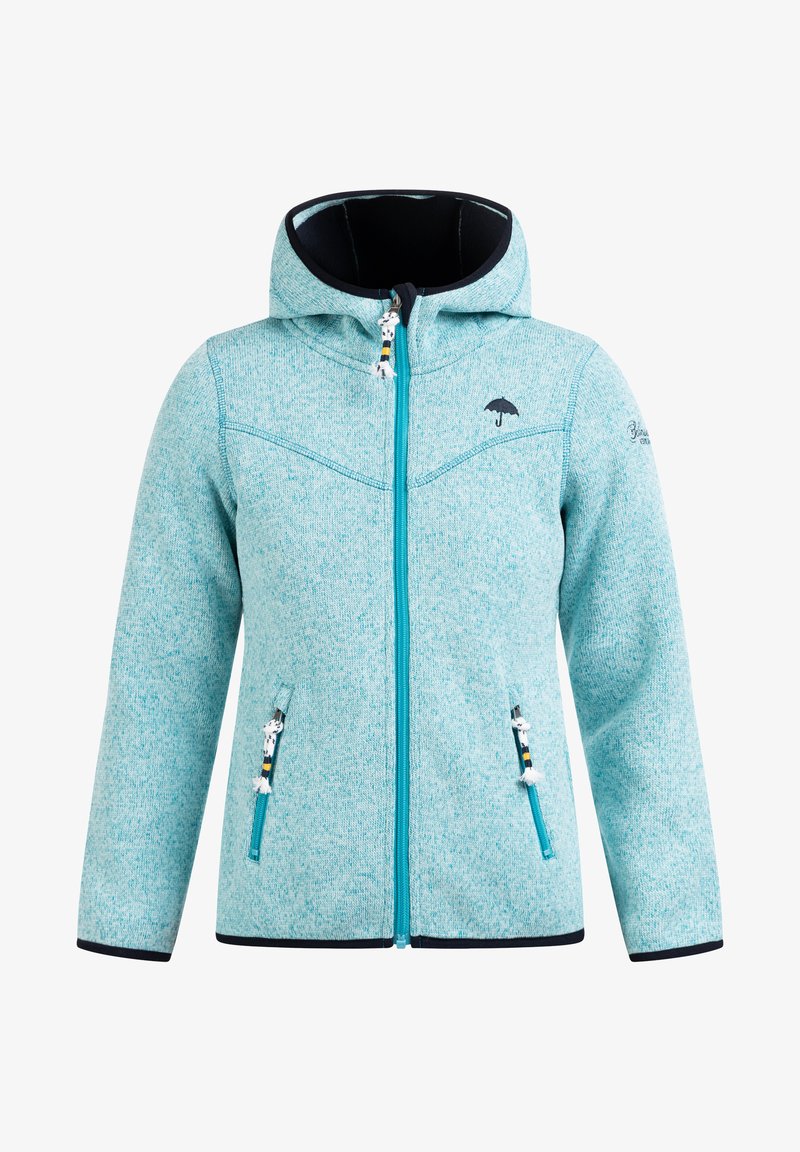 Šviesiai mėlyna fliso striukė su gobtuvu, su užtrauktuku, kontrastinio juodo pamušalo ir dekoratyviniais užtrauktukais su spalvingais akcentais.