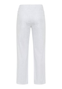 Pantaloni bianchi a righe con design a gamba dritta. Realizzati in un tessuto leggero, presentano due tasche posteriori e una cintura comoda.
