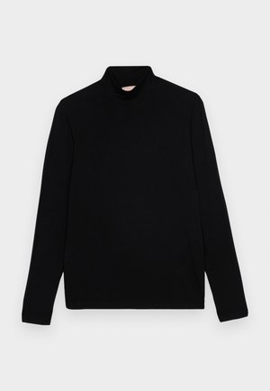 Svart langermet turtleneck-genser i myk, stretchy stoff. Den har en tettsittende design og en jevn tekstur uten synlige mønstre eller detaljer.