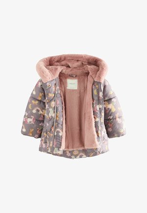 Polstret jakke, lilla med blomster- og dyreprint, med en lyserød faux fur-foret hætte og inderside, frontlynlås og trykknapper.