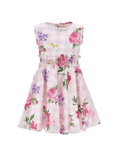 Αμάνικο ροζ και λευκό καρό φόρεμα με ρόζ και μωβ λουλουδάτο σχέδιο, ελαστική μέση με σφήνωμα και λεπτομέρεια με κίτρινη πεταλού δα στο μπροστινό μέρος.