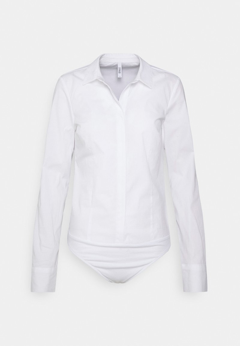 Vit långärmad bodysuit med krage, rena linjer och dold knäppning. Slät bomullstyg, figursydd design och sömlös nederdel.