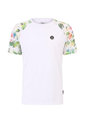 T-shirt blanc avec des manches courtes à motifs floraux, dotée d'un col rond et d'un logo circulaire noir sur le devant. Matière en coton doux.