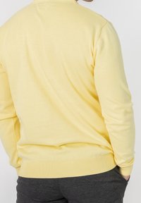 Žlutý pletený svetr s dlouhými rukávy a žebrovaným lemem, navržený pro volný střih. Zadní pohled ukazuje hladkou texturu a minimální detaily.