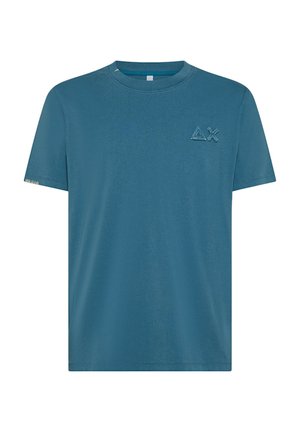 T-shirt in cotone turchese con scollatura rotonda, maniche corte e un piccolo logo ricamato sul petto. Tessuto morbido e vestibilità regolare.