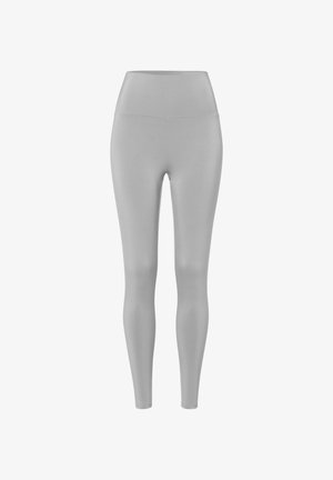 Szare legginsy, wysokie w talii, wykonane z gładkiego, elastycznego materiału. Dopasowany krój bezszwowy, bez widocznych elementów metalowych czy wzorów.