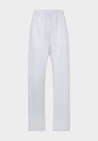 White trousers with thin blue vertical stripes, featuring an elastic waistband and a loose, straight-leg cut. Smooth fabric texture.