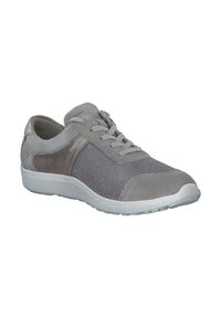 Gray athletic shoe featuring a mix of smooth and textured suede, round toe, and white rubber sole with laces and accent panels.