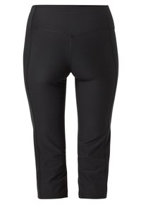 Leggings capri negros de tela elástica, con una cinturilla alta y costuras planas para mayor comodidad. Textura suave y diseño ajustado.