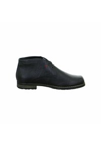 Schwarze Leder-Ankle-Boots mit strukturiertem Finish, runder Zehenform und kontrastierenden roten Akzenten. Verfügt über eine Schnürung und eine niedrige, stabile Sohle.