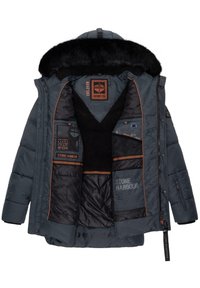 Tume sinine puhvjakas eemaldatava musta kunstkarva kapuutsiga. Omab oranže detaile, kahte sisemist taskut ja pehmet, tekstuurset voodrit.