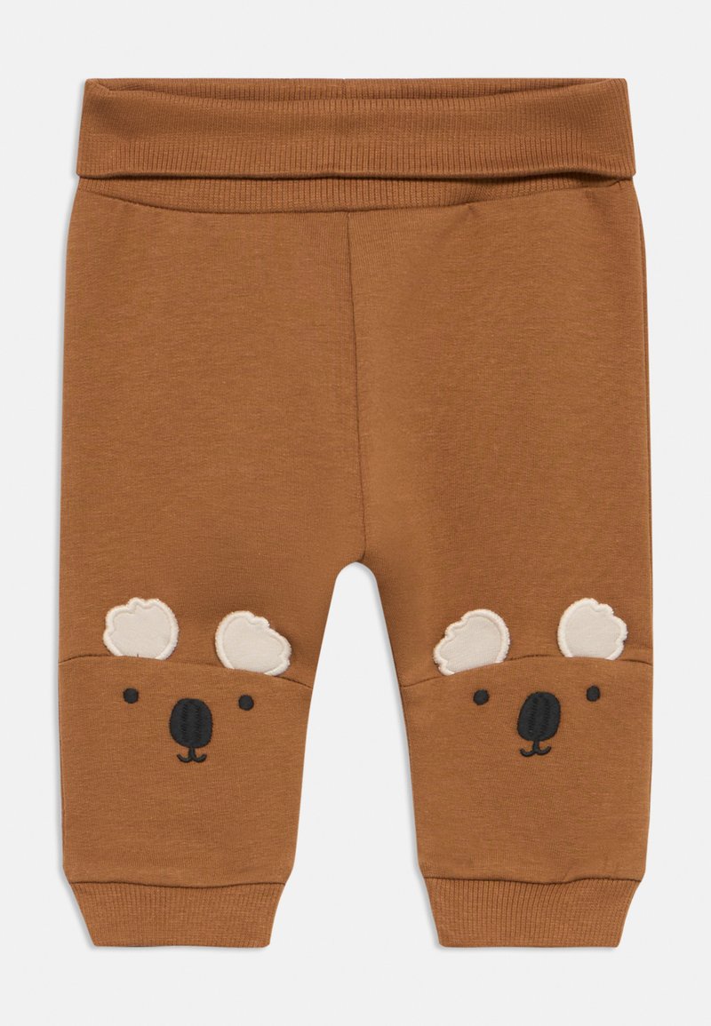 Καφέ παιδικό παντελόνι με ριμπ μανσέτες και μέση, με κεντημένα πρόσωπα κοάλα στα γόνατα, που περιλαμβάνουν αυτιά και μύτη.