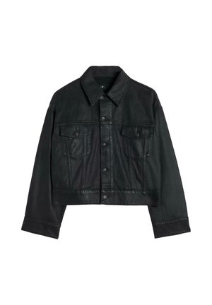 Sort kort læderjakke med lange ærmer, knaplukning foran, krave og to brystlommer med knapper.