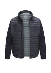 Marineblau Hybridjacke mit gestepptem Vorder- und Rückenteil, Strickärmeln, offenem Reißverschluss und sichtbarem hellgrauem Innenfutter mit Logodetail.