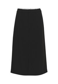 Jupe noire de longueur genou avec une coupe droite, faite d'un tissu lisse. Présente une fente avant, des passants de ceinture et une taille plate.