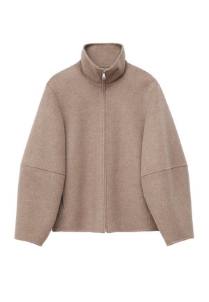 Beige uldfleecejakke med lynlås, høj krave og sænkede skuldersømme, vist fladt på en hvid baggrund.