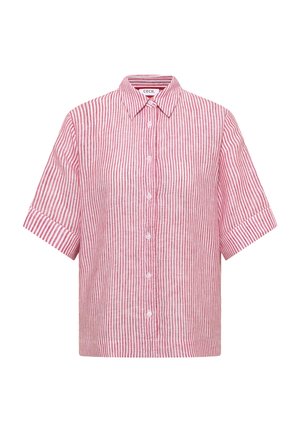 Kortemouwen, knoopssluiting overhemd met verticale rode en witte strepen, een puntige kraag en omslagmouwen.