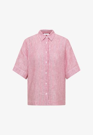 Kortemouwen, knoopssluiting overhemd met verticale rode en witte strepen, een puntige kraag en omslagmouwen.