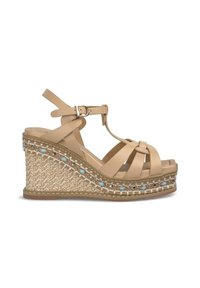 Sandali a zeppa beige con cinturini incrociati, suola in juta intrecciata e accenti decorativi turchesi lungo la zeppa. Include una cinghia regolabile alla caviglia.