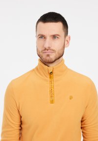 Pullover in pile giallo con colletto alto, chiusura a zip quarti e branding discreto. Texture morbida e design leggero, adatto per essere indossato a strati.