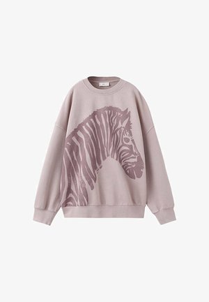 Lichtroze sweatshirt met een grote grijze zebra-afbeelding aan de voorkant, ronde hals, verlaagde schouders en geribde manchetten.