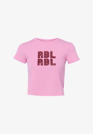 Pink short-sleeve crop top with bold dark red letters "RBL" repeated twice on the front center.