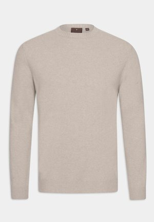 Maglione beige chiaro realizzato in morbido materiale a maglia, con scollatura rotonda e polsini e orlo a costine. Design semplice e classico senza motivi.
