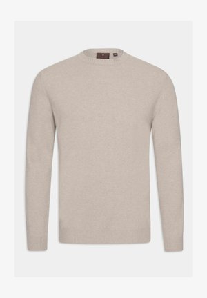 Maglione beige chiaro realizzato in morbido materiale a maglia, con scollatura rotonda e polsini e orlo a costine. Design semplice e classico senza motivi.