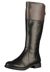 Botte haute en cuir noir et marron foncé avec un petit talon et un bout arrondi lisse, montrée de côté extérieur sur fond blanc.