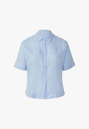 Light blue short-sleeve button-up shirt in linen with a classic collar, featuring a straight hem and simple button closure.
