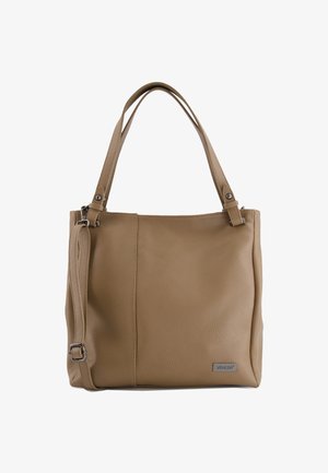 Sac à main en cuir tan avec doubles poignées, une sangle amovible et une surface texturée. Présente un petit logo en métal sur le côté.