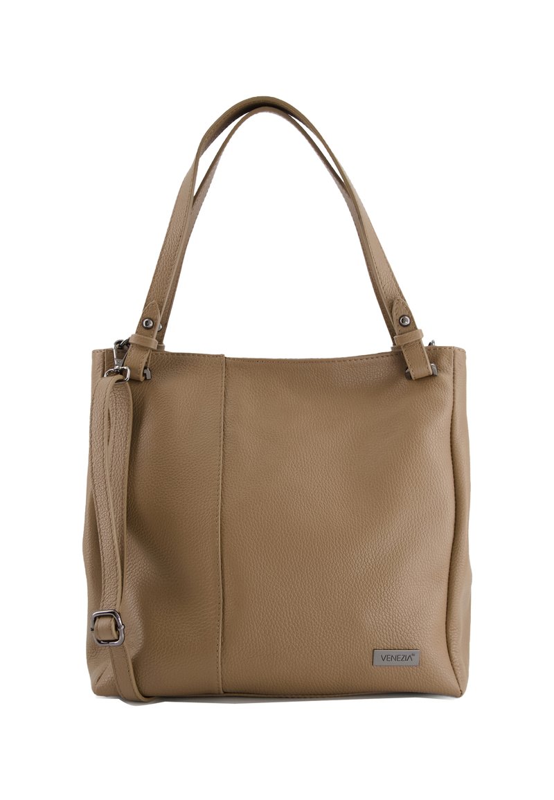 Tan leather handbag with dual handles, a removable strap, and textured surface. Features a small metal logo on the side.