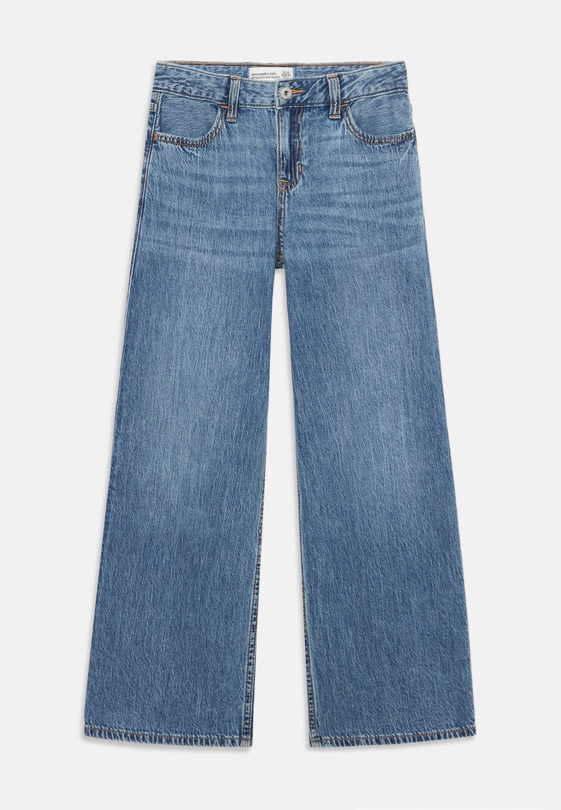 Helle blaue Denim-Weitejeans mit hoher Taille, fünf Taschen und sichtbaren Nähten. Baumwollstoff mit glatter Textur.