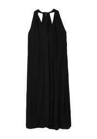 Schwarzes ärmelloses Kleid mit V-Ausschnitt und offenem Rücken. Hergestellt aus leichtem Stoff, bietet es eine fließende Silhouette und weiche Textur.