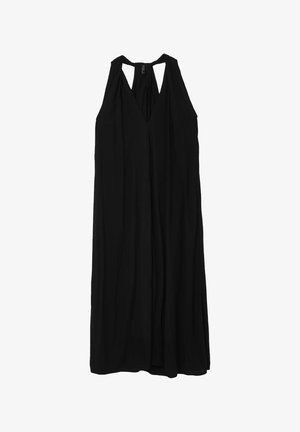 Robe noire sans manches avec un décolleté en V et un dos nu. Fabriquée en tissu léger, elle présente une silhouette fluide et une texture douce.